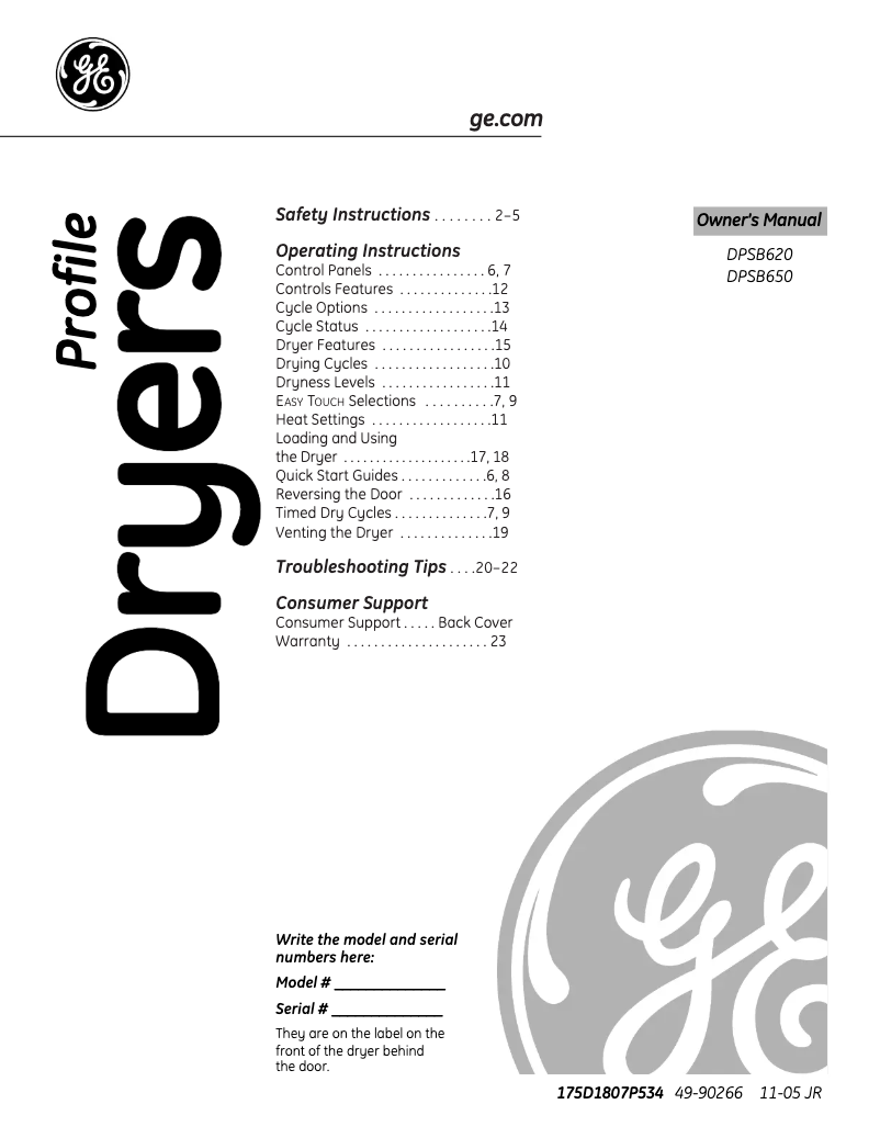 Page n°1 - Manuel d'utilisation et d'entretien GE Profile DPSB650ECWW