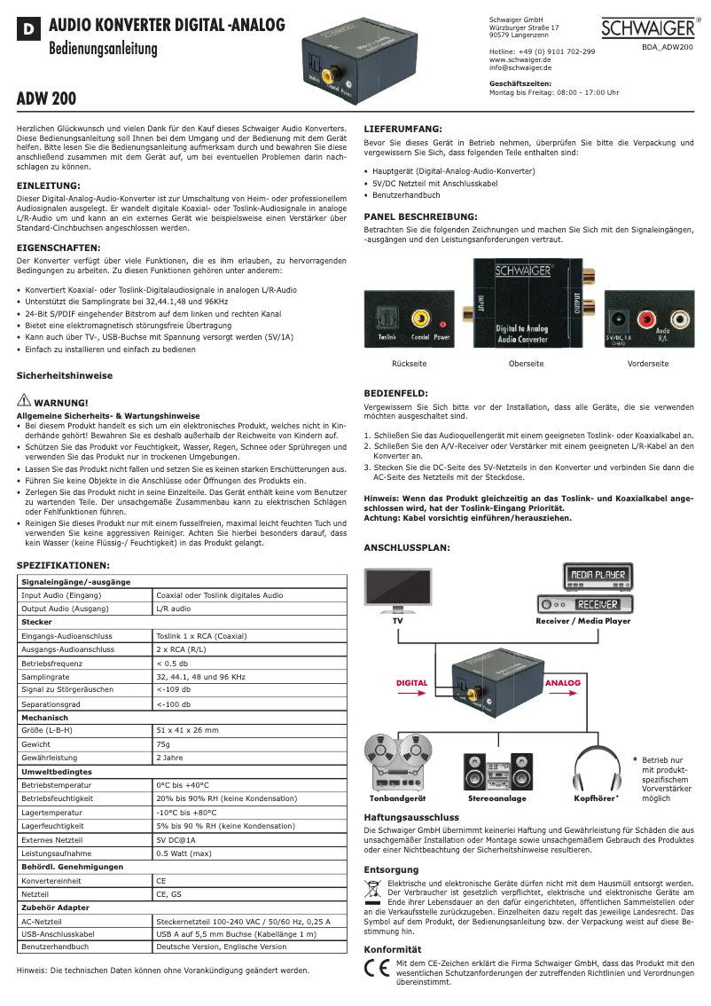 Page 1 of the manual User Manual Schwaiger ADW200