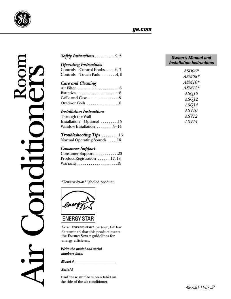 Page 1 de la notice Guide d'installation GE ASQ14AL