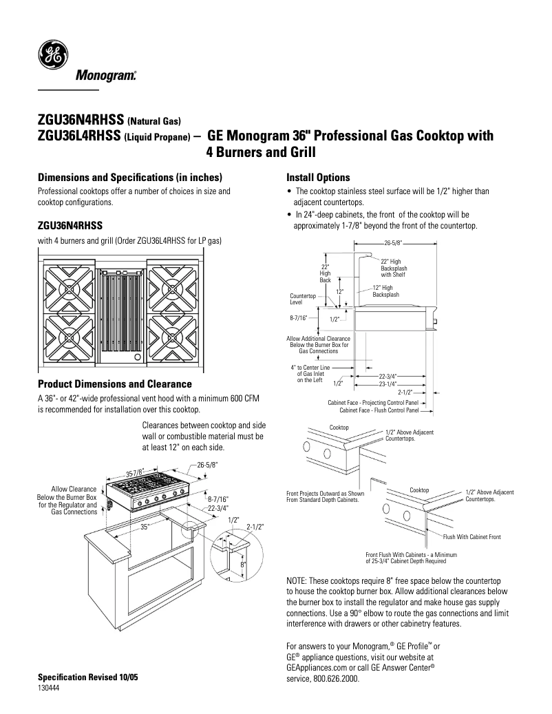 Page 1 de la notice Fiche technique GE ZGU36N4RHSS