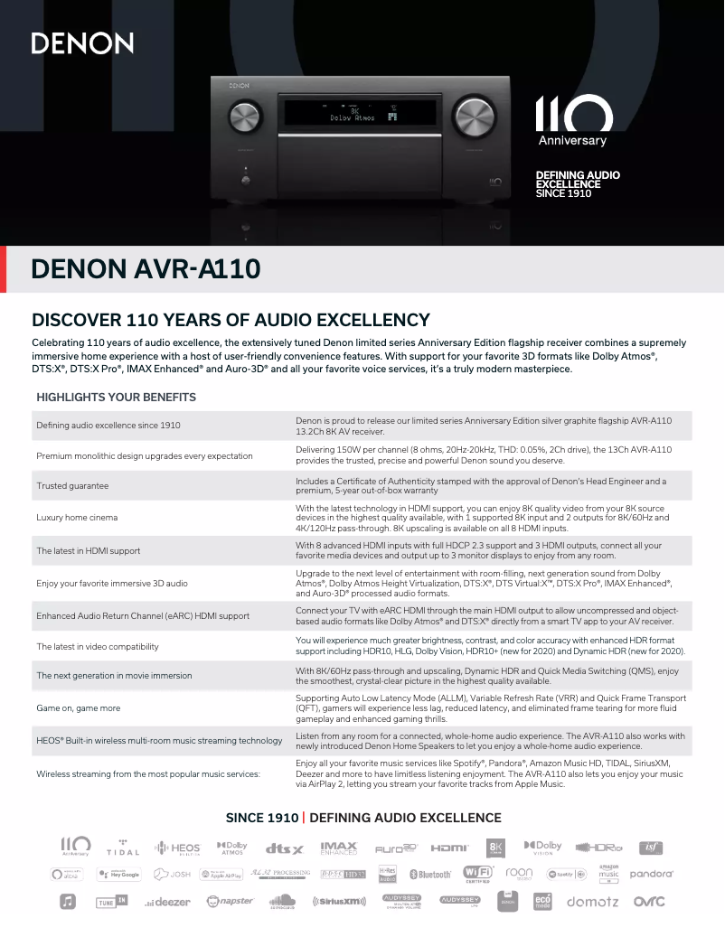 Page 1 de la notice Fiche technique Denon AVR-A110