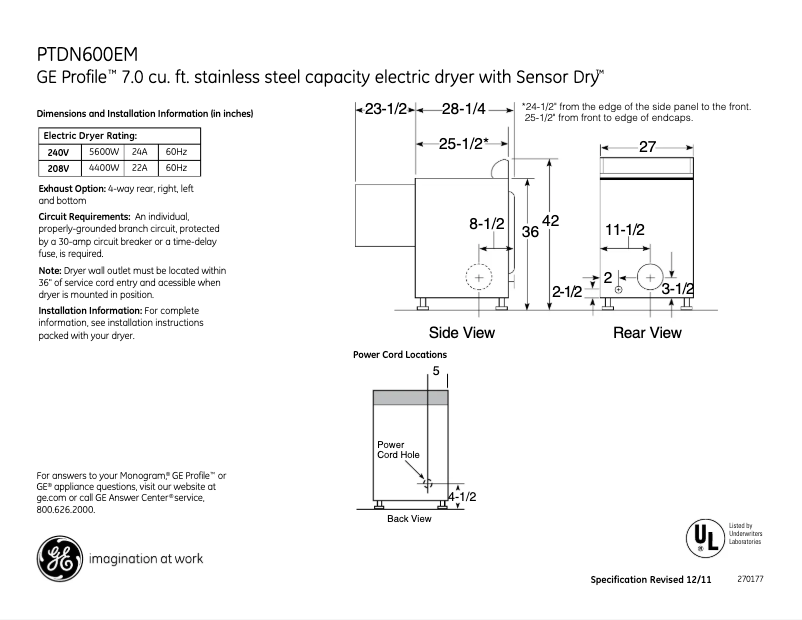 Page n°1 - Fiche technique GE PTDN600EMWT