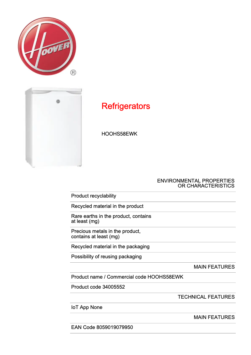Page n°1 - Fiche technique Hoover HOOHS58EWK