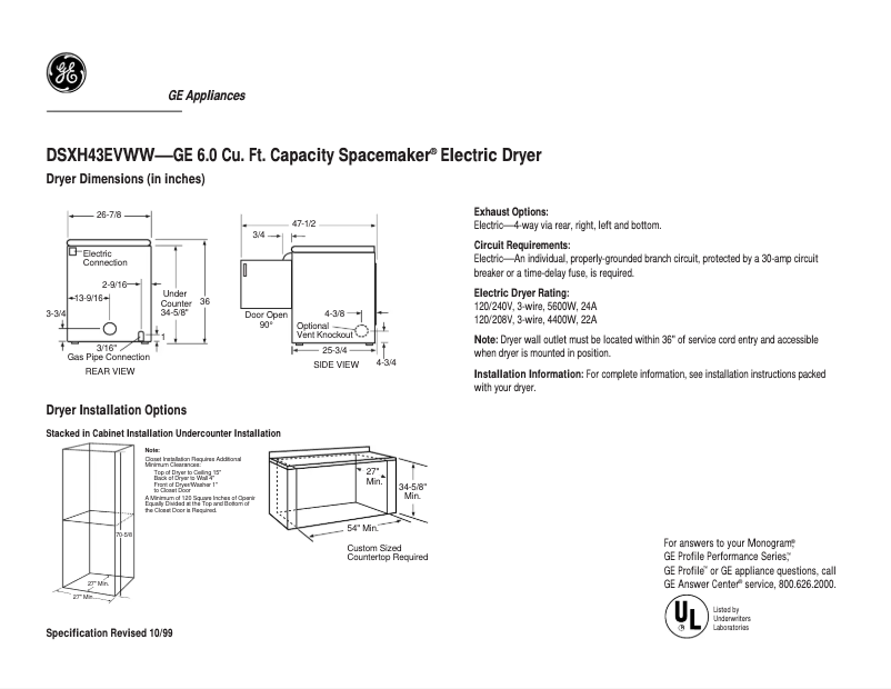 Page 1 de la notice Fiche technique GE DSXH43EVWW