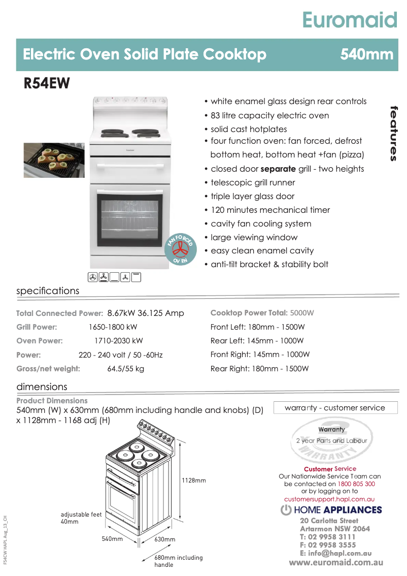 Page 1 de la notice Fiche technique Euromaid R54EW