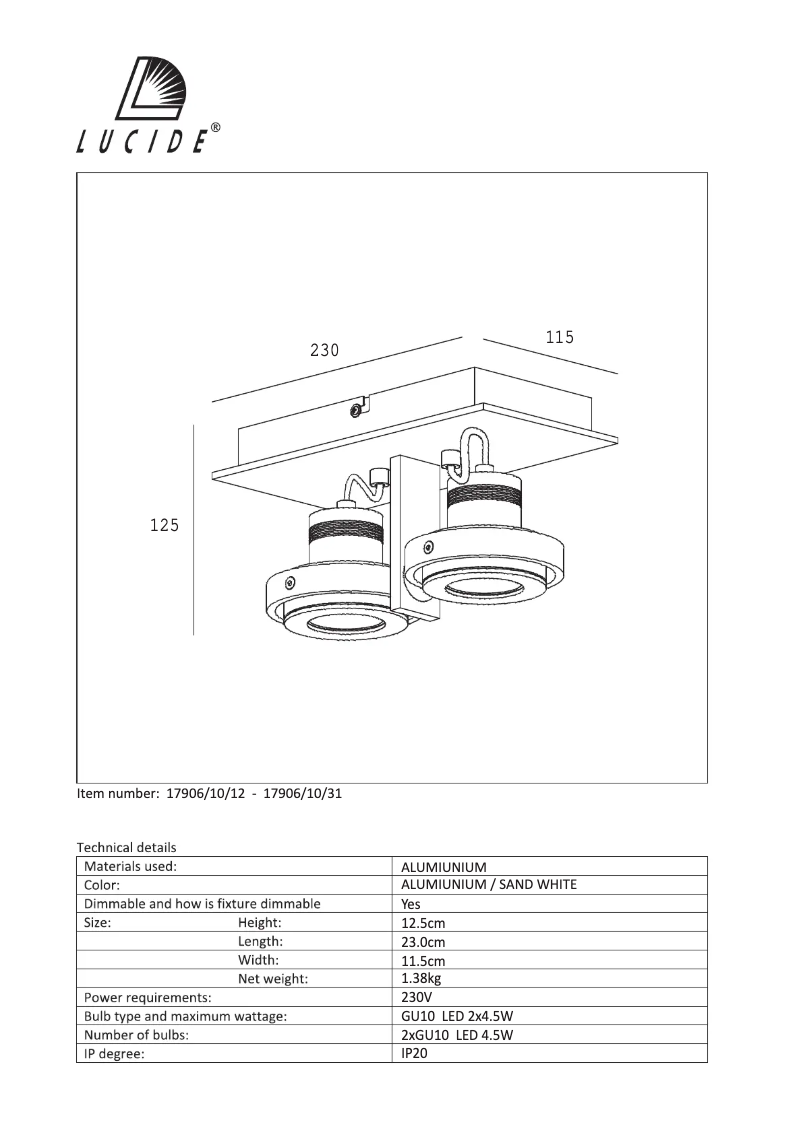 Page 1 de la notice Manuel utilisateur Lucide Landa 17906/10/12