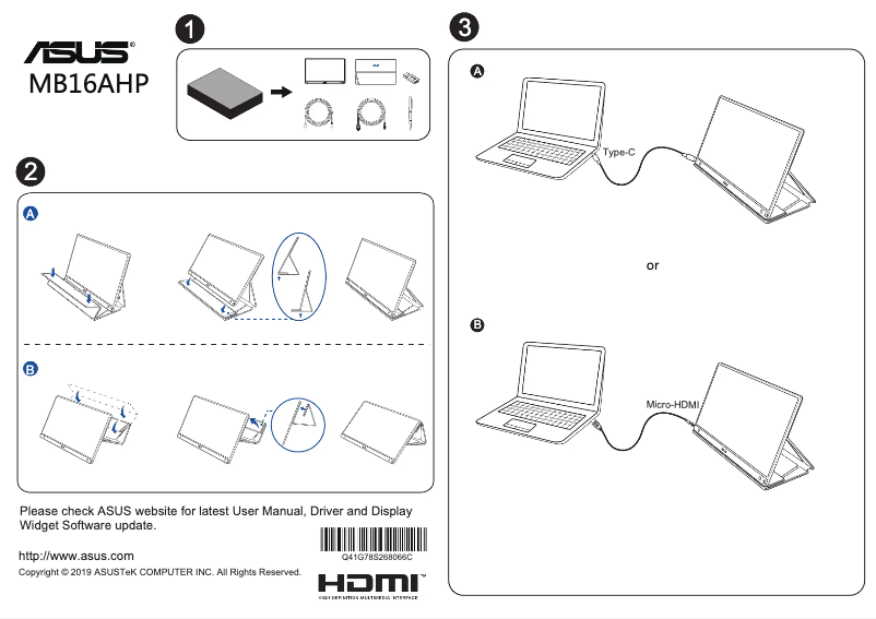 Page 1 de la notice Guide de démarrage rapide Asus ZenScreen Go MB16AHP