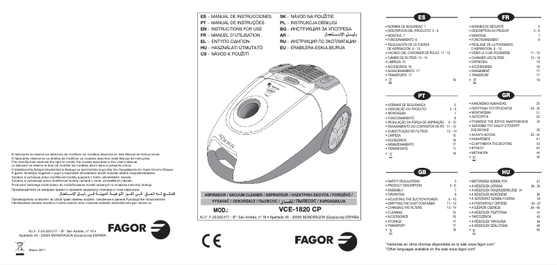 Page n°1 - Manuel utilisateur Fagor VCE-1820 CP