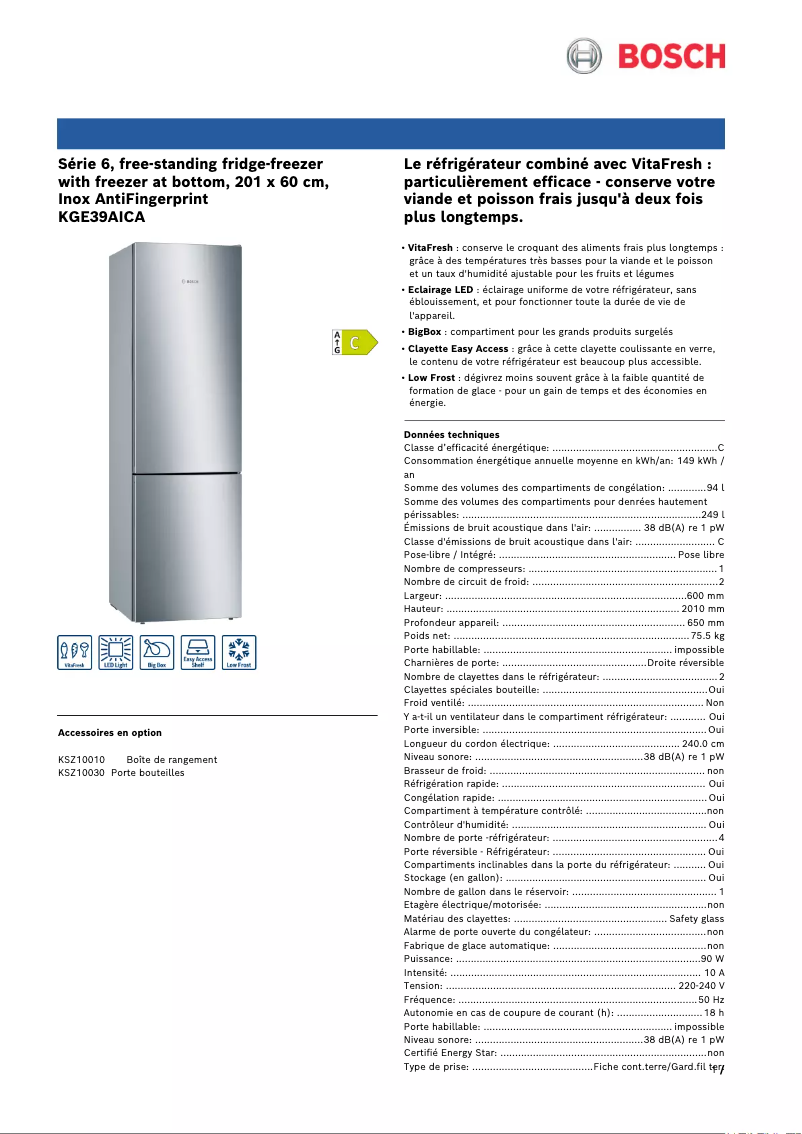 Page n°1 - Fiche technique Bosch KGE39AICA