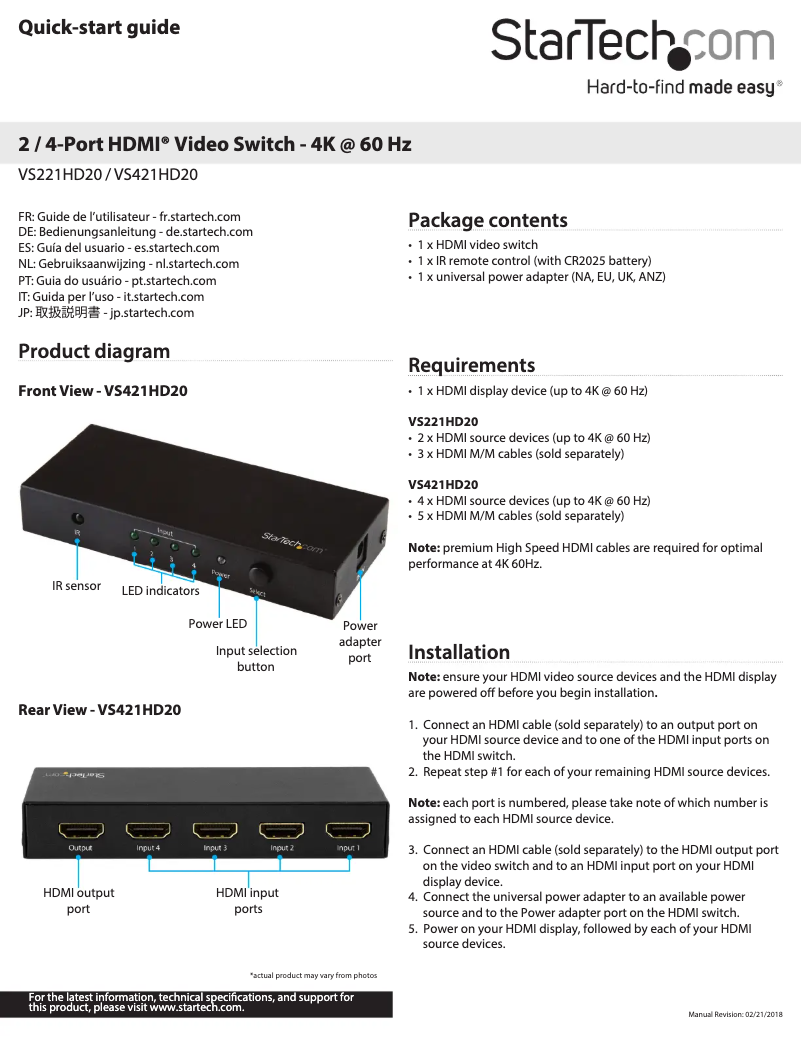 Page 1 de la notice Manuel utilisateur StarTech.com VS421HD20