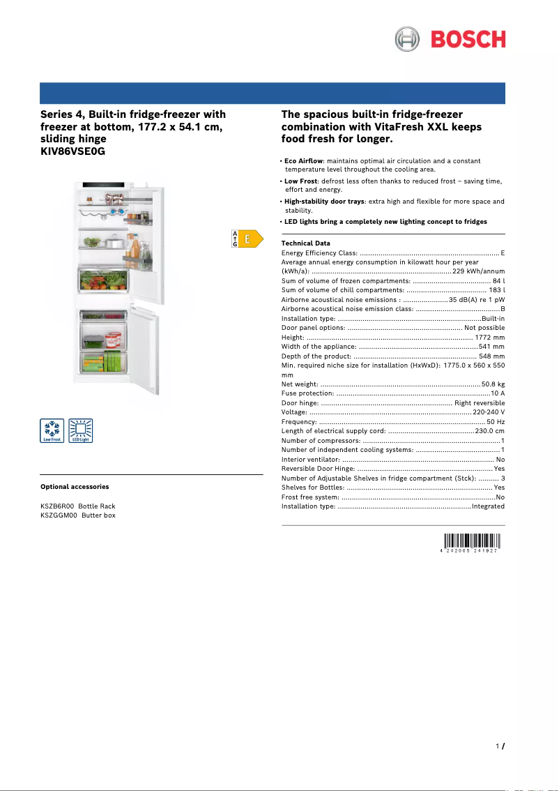 Page n°1 - Fiche technique Bosch Serie 4 KIV86VSE0G