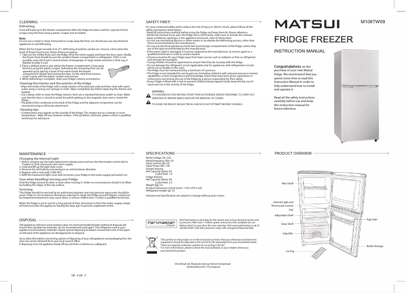 Page 1 de la notice Manuel utilisateur Matsui M108TW09