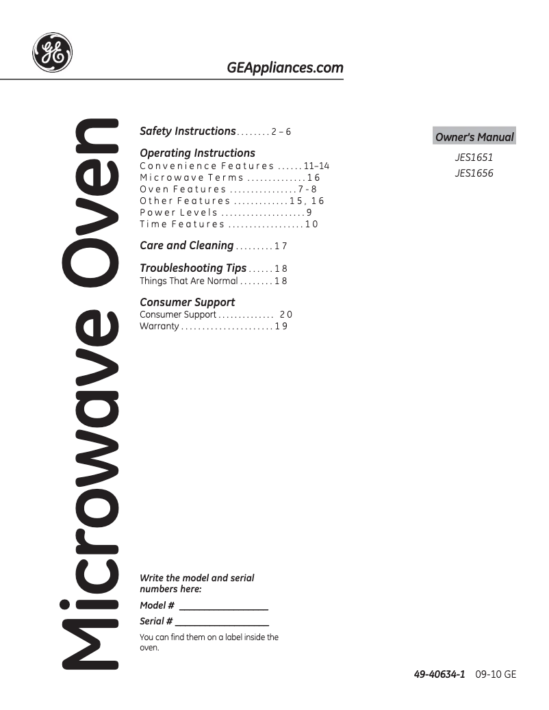 Page 1 of the manual Instruction Manual GE JES1656SRSS