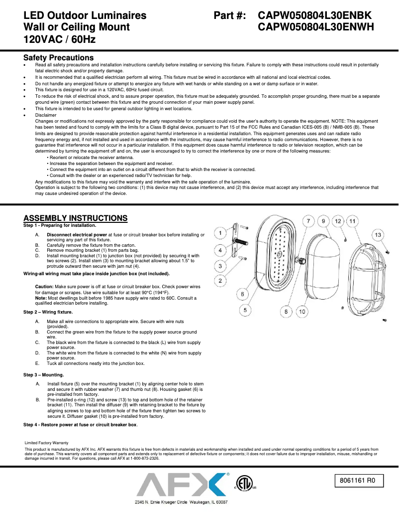 Page n°1 - Manuel utilisateur AFX Cape CAPW050804L30ENBK