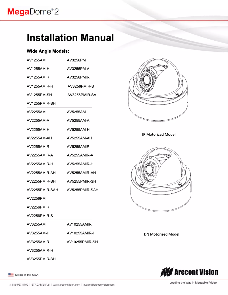 Page 1 de la notice Manuel utilisateur Arecont Vision MegaDome 2 AV1255PMIR-SH