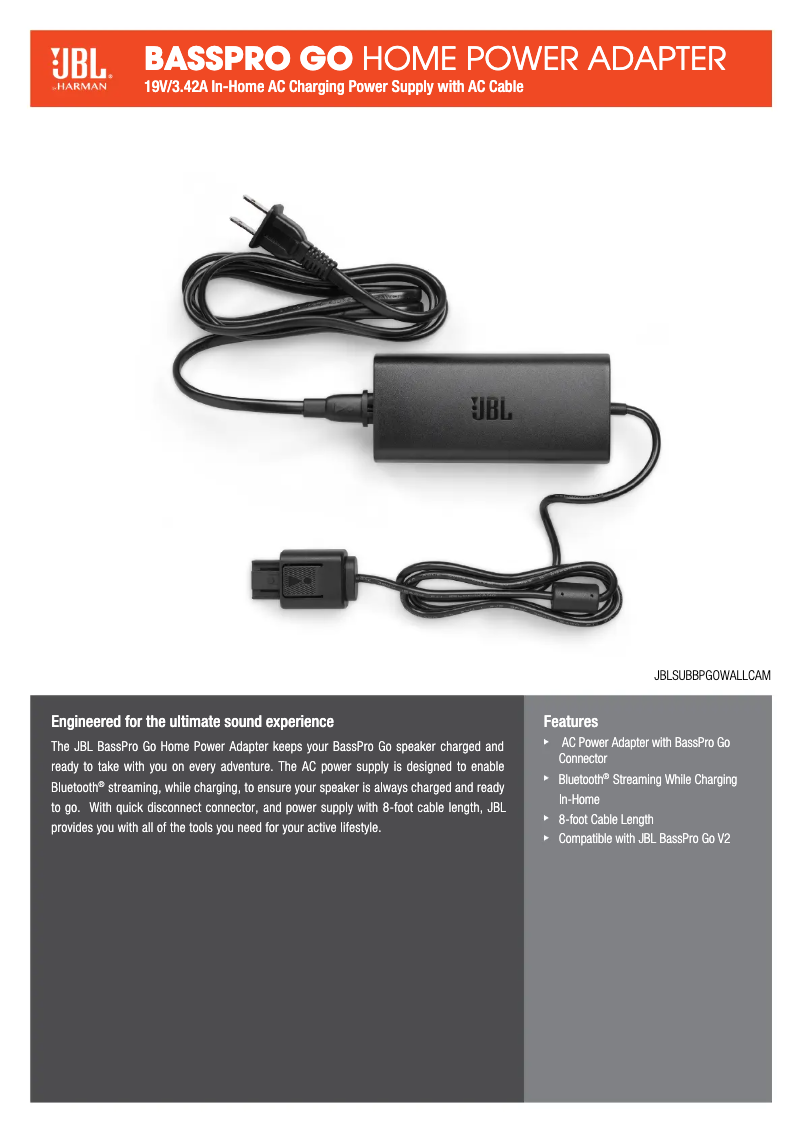Page 1 de la notice Manuel utilisateur JBL BassPro Go Home Power Adapter