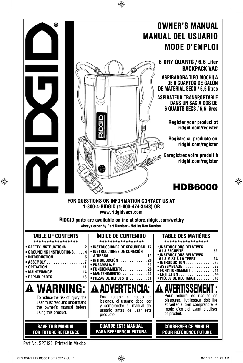 Page 1 de la notice Manuel utilisateur Ridgid VFB600