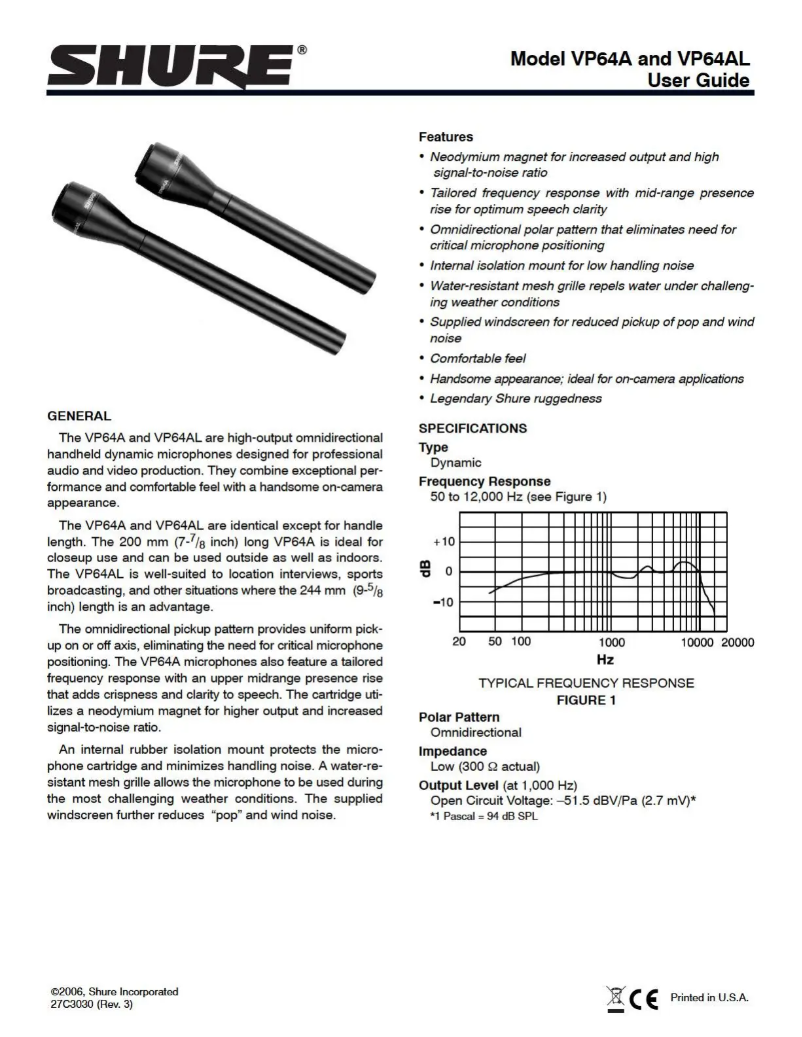 Page 1 de la notice Manuel utilisateur Shure VP64