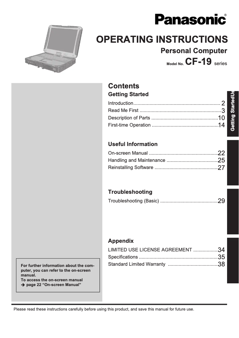 Page 1 de la notice Manuel utilisateur Panasonic Toughbook CF-19C