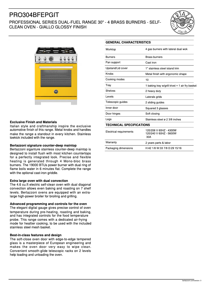 Page 1 de la notice Fiche technique Bertazzoni PRO304BFEPGIT