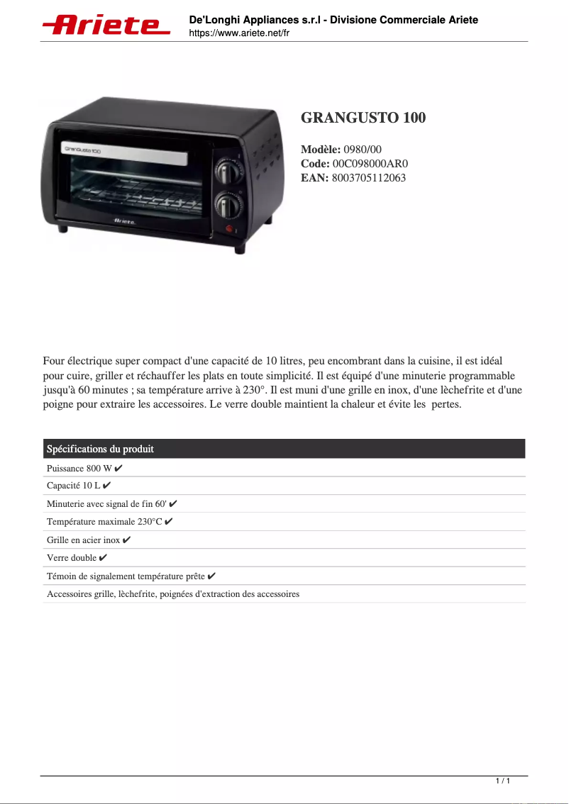 Page 1 de la notice Fiche technique Ariete GranGusto 100