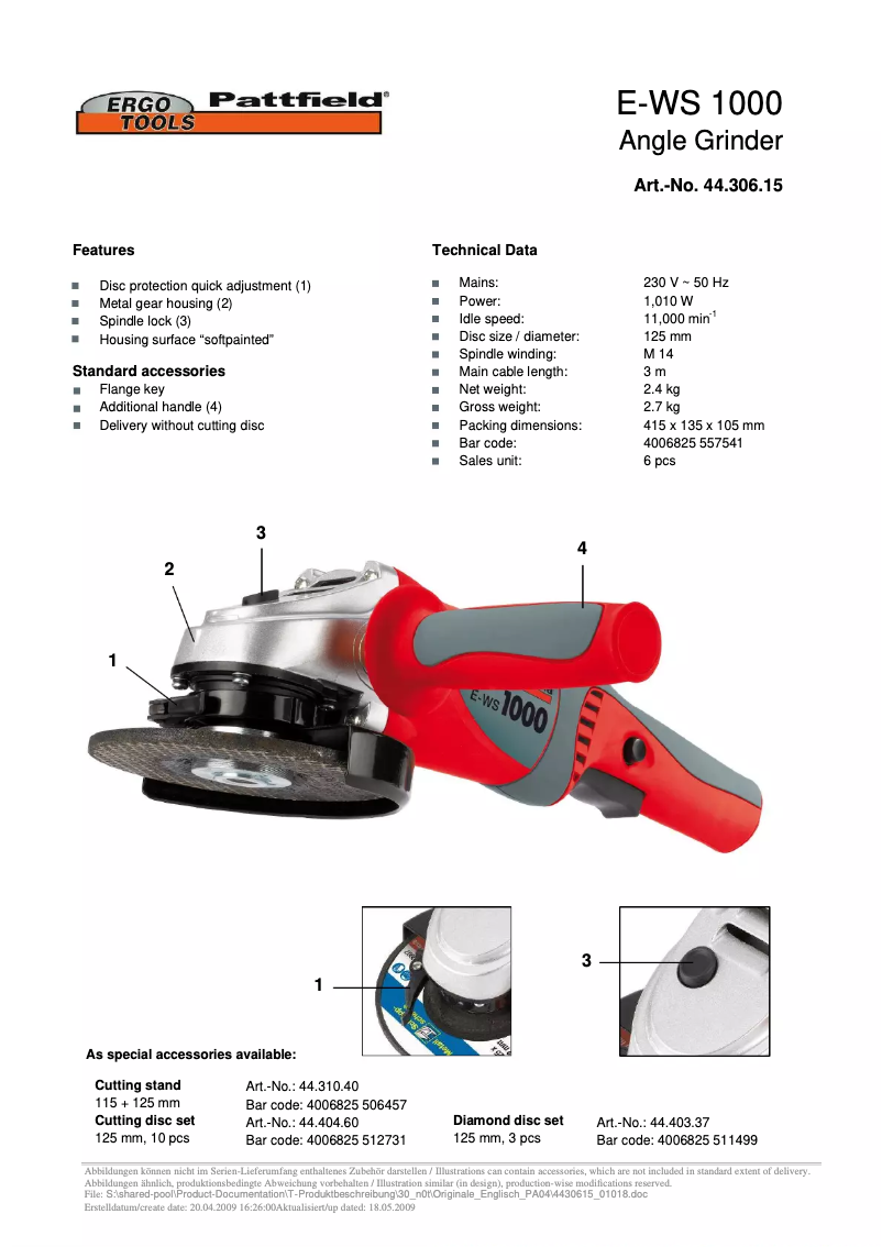 Page 1 de la notice Manuel utilisateur Ergotools Pattfield E-WS 1000