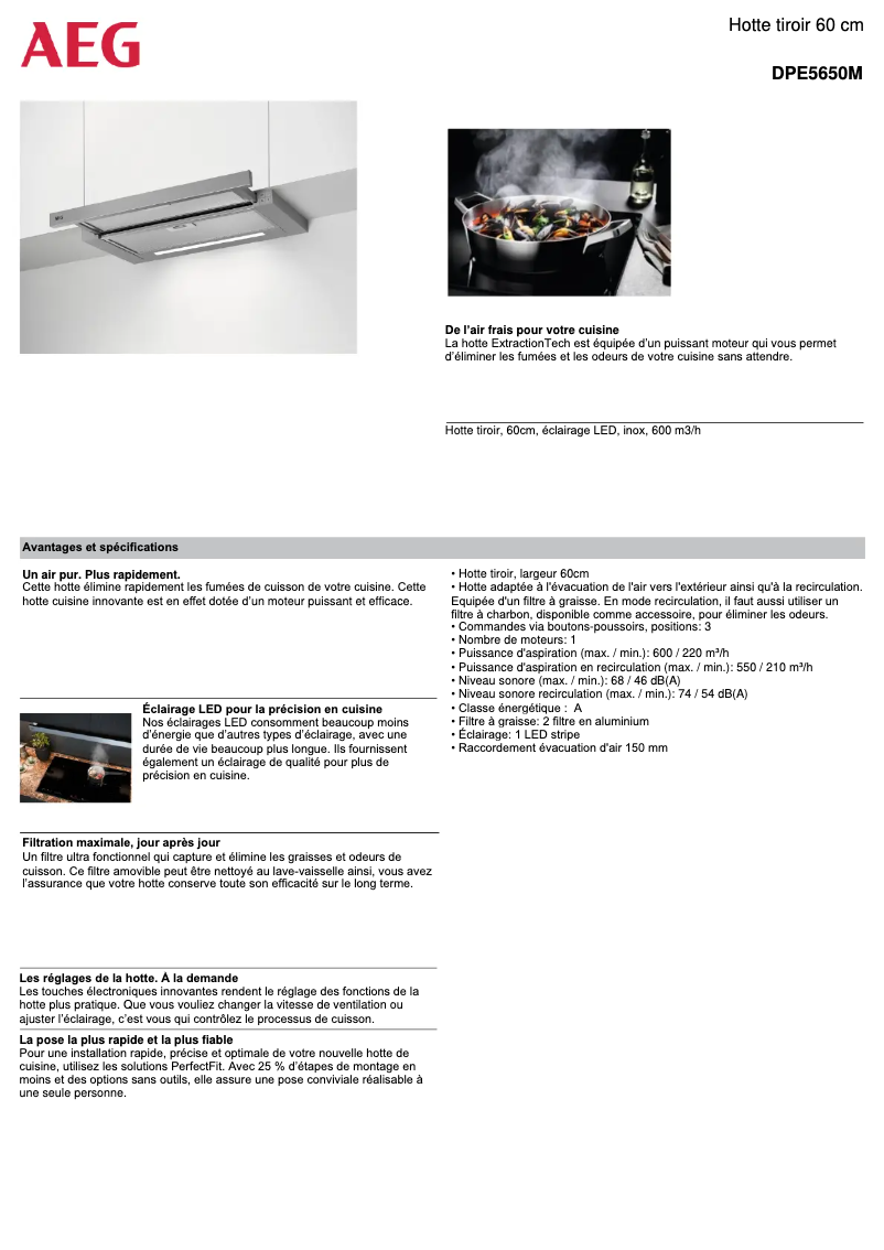 Page 1 de la notice Fiche technique AEG DPE5650M