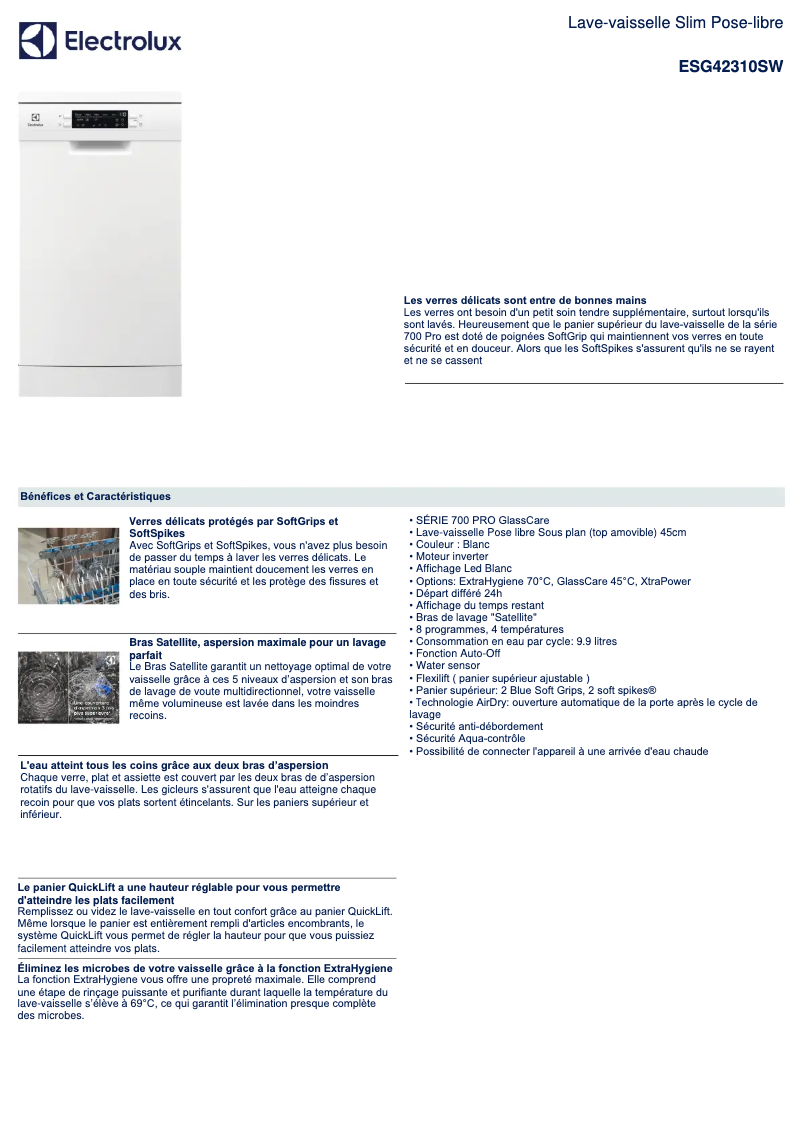 Page 1 de la notice Fiche technique Electrolux ESG42310SW
