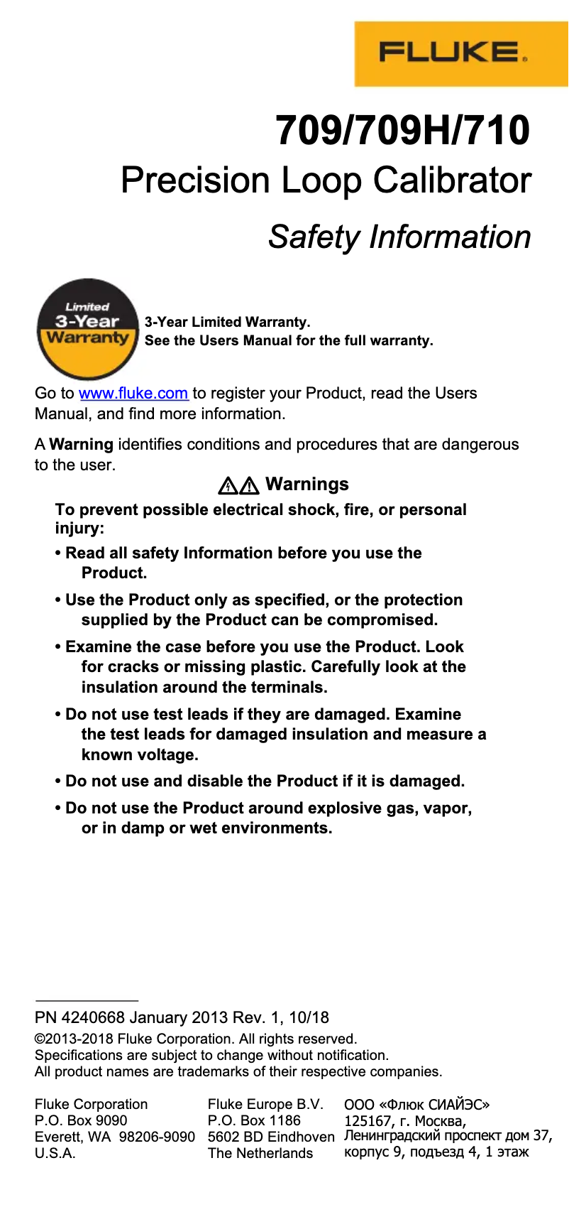 Page 1 de la notice Instructions de sécurité Fluke 709H