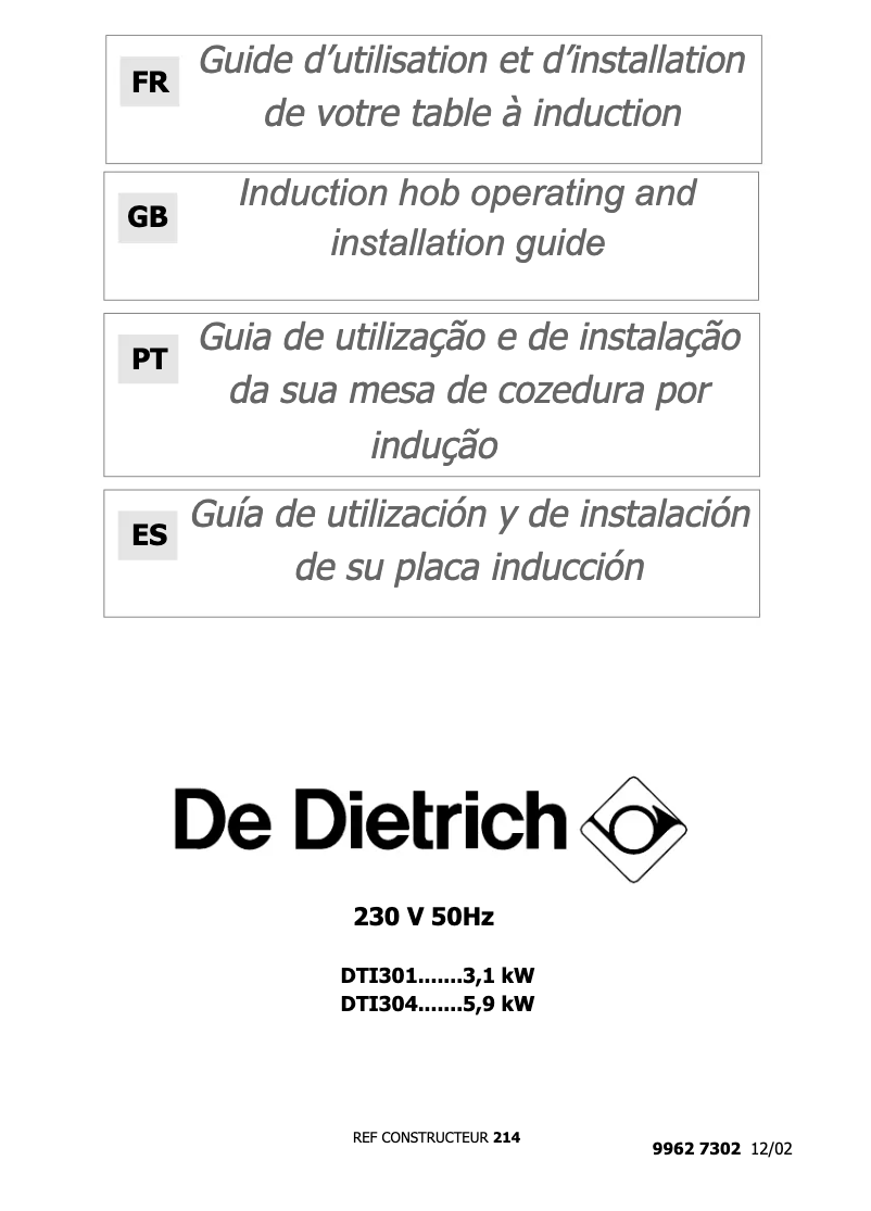 Page 1 de la notice Manuel utilisateur De Dietrich DTI 301