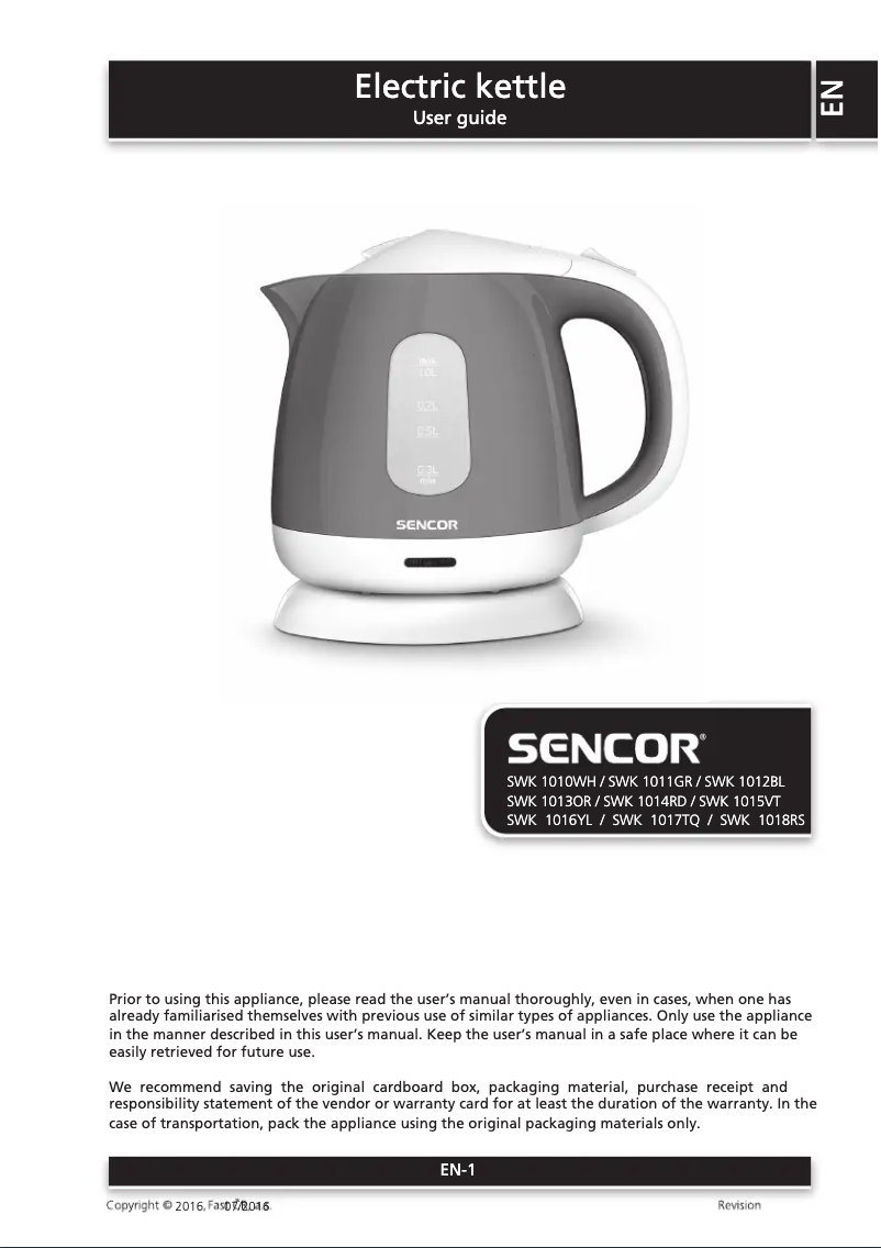 Page n°1 - Manuel utilisateur Sencor SWK 1015VT