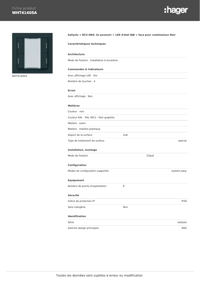 Page 1 de la notice Fiche technique Hager WHT41405A