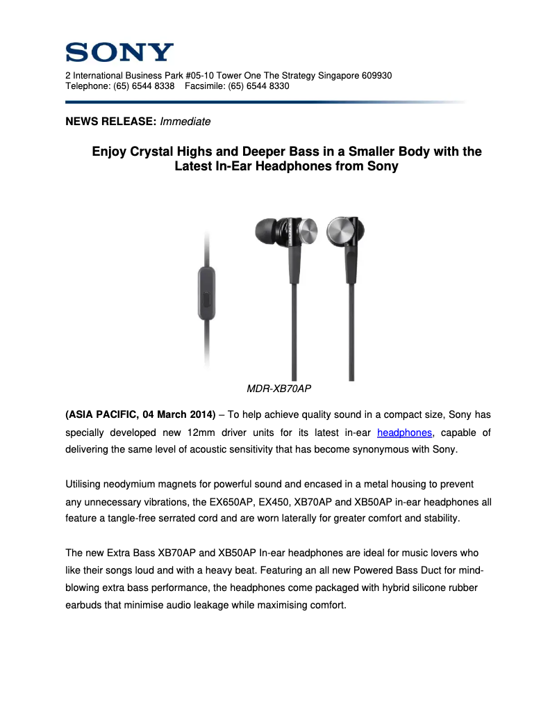 Page 1 de la notice Fiche technique Sony MDR-EX450