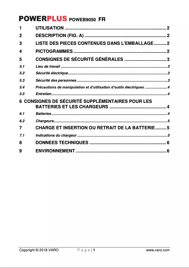 Page 1 de la notice Manuel utilisateur PowerPlus POWEB9050
