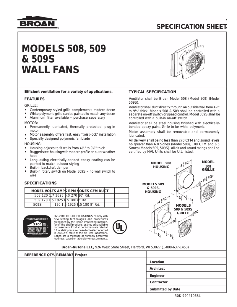 Page 1 de la notice Fiche technique Broan 508