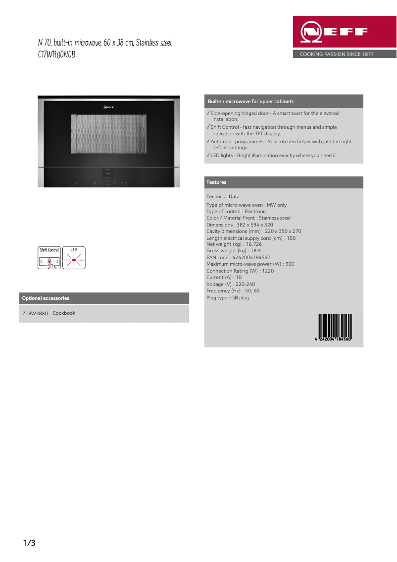 Page n°1 - Fiche technique Neff C17WR00N0B