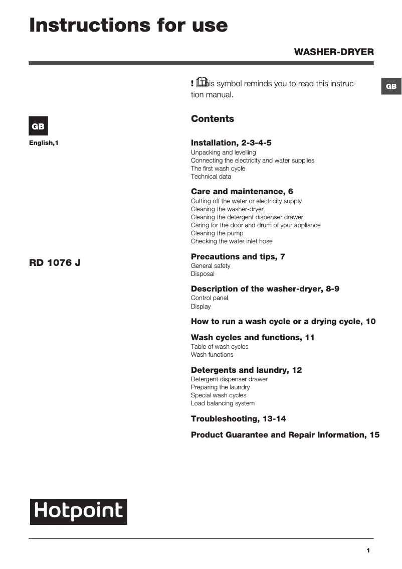 Page n°1 - Manuel utilisateur Hotpoint RD 1076 JD UK