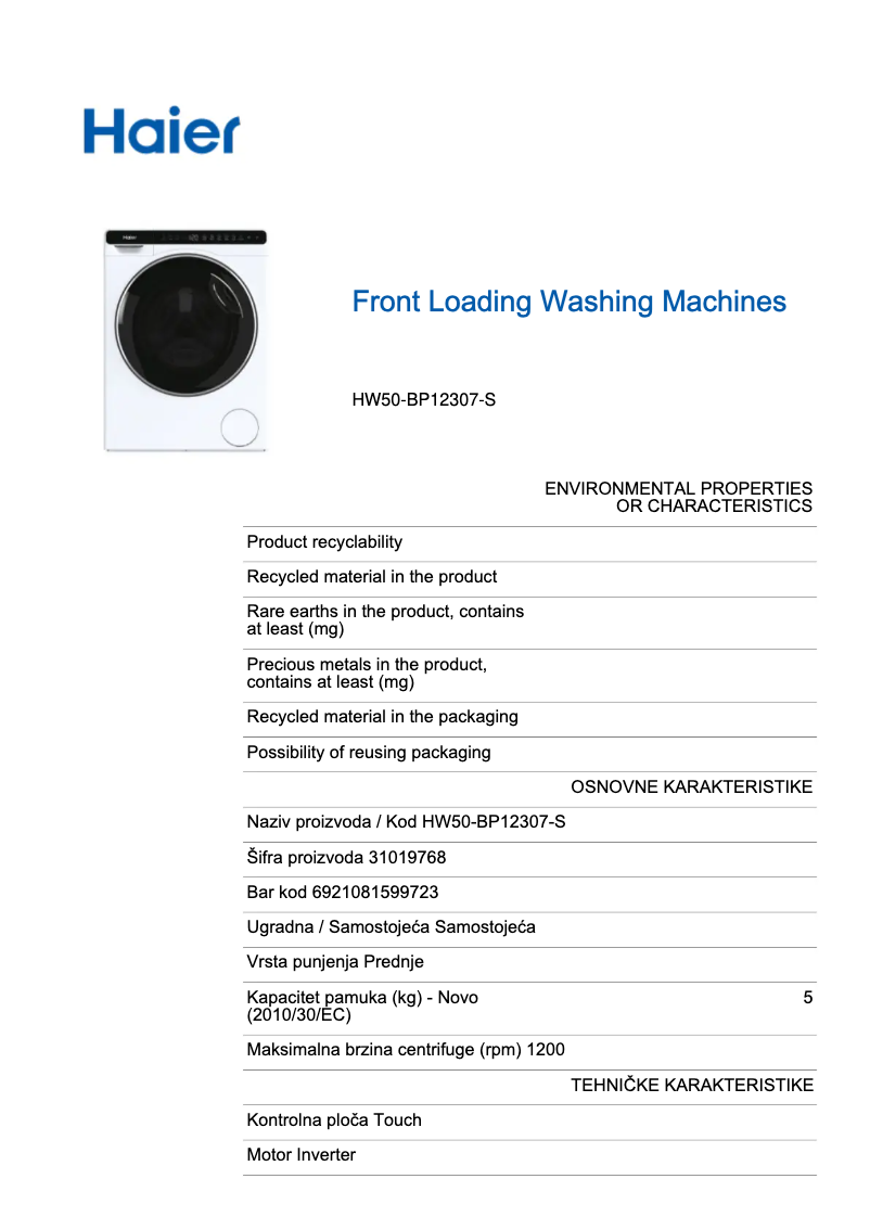 Page 1 de la notice Fiche technique Haier HW50-BP12307-S