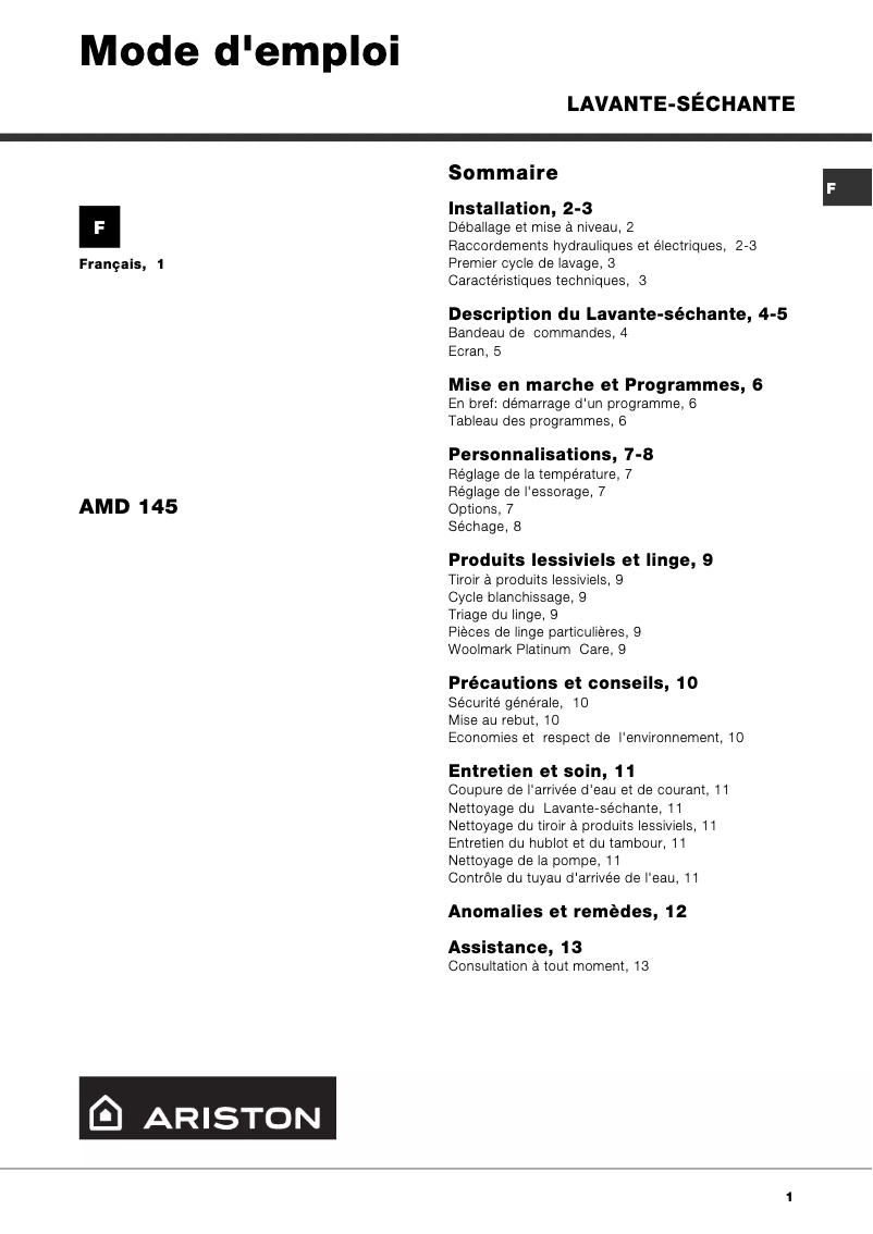 Página 1 del manual Manual de usuario Ariston Thermo AMD145