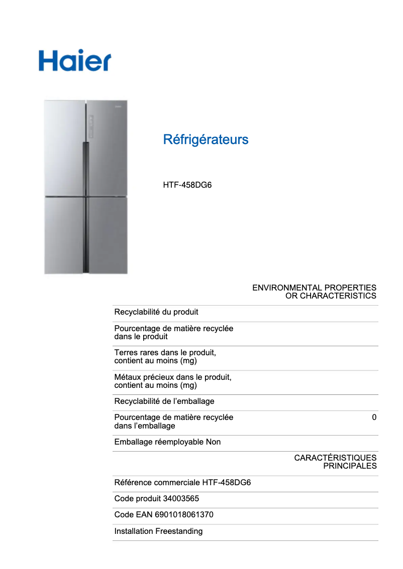 Page n°1 - Manuel utilisateur Haier HTF-458DG6