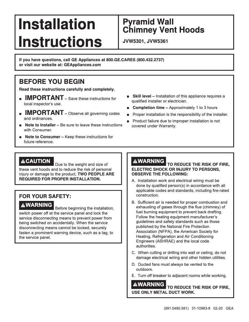 Page 1 de la notice Guide d'installation GE JVW5361EJES