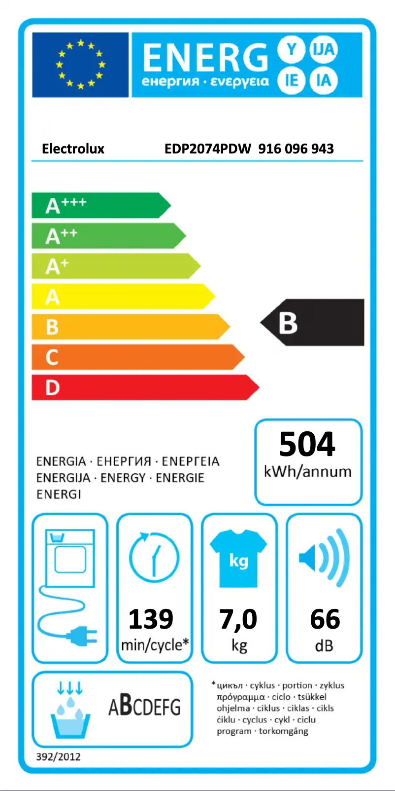 Page n°1 - Label énergétique Electrolux EDP2074PDW