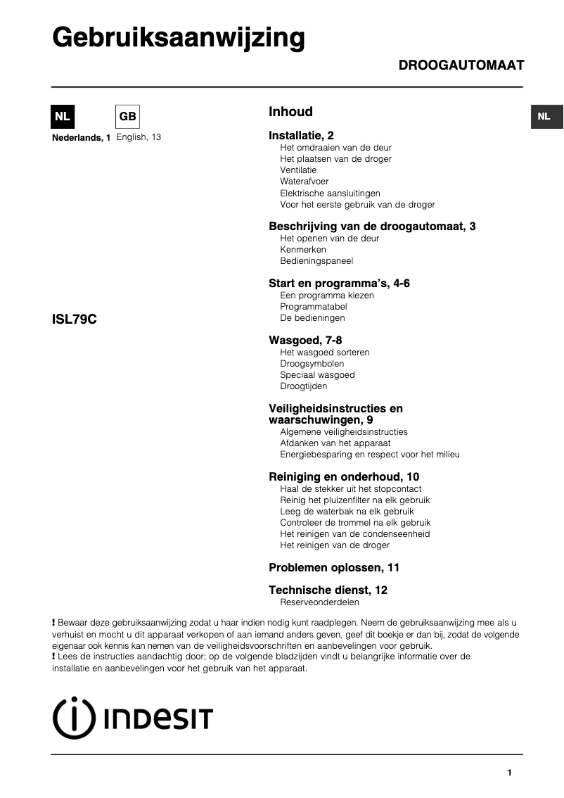 Image de la première page du manuel de l'appareil ISL79C (NL)