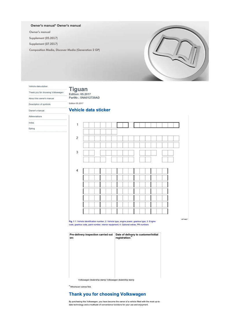 Page 1 de la notice Manuel utilisateur Volkswagen Tiguan (2017)