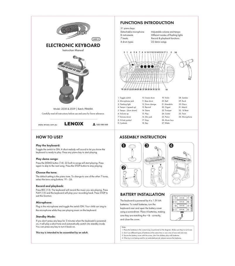 Page 1 de la notice Manuel utilisateur Gem Toys 2039