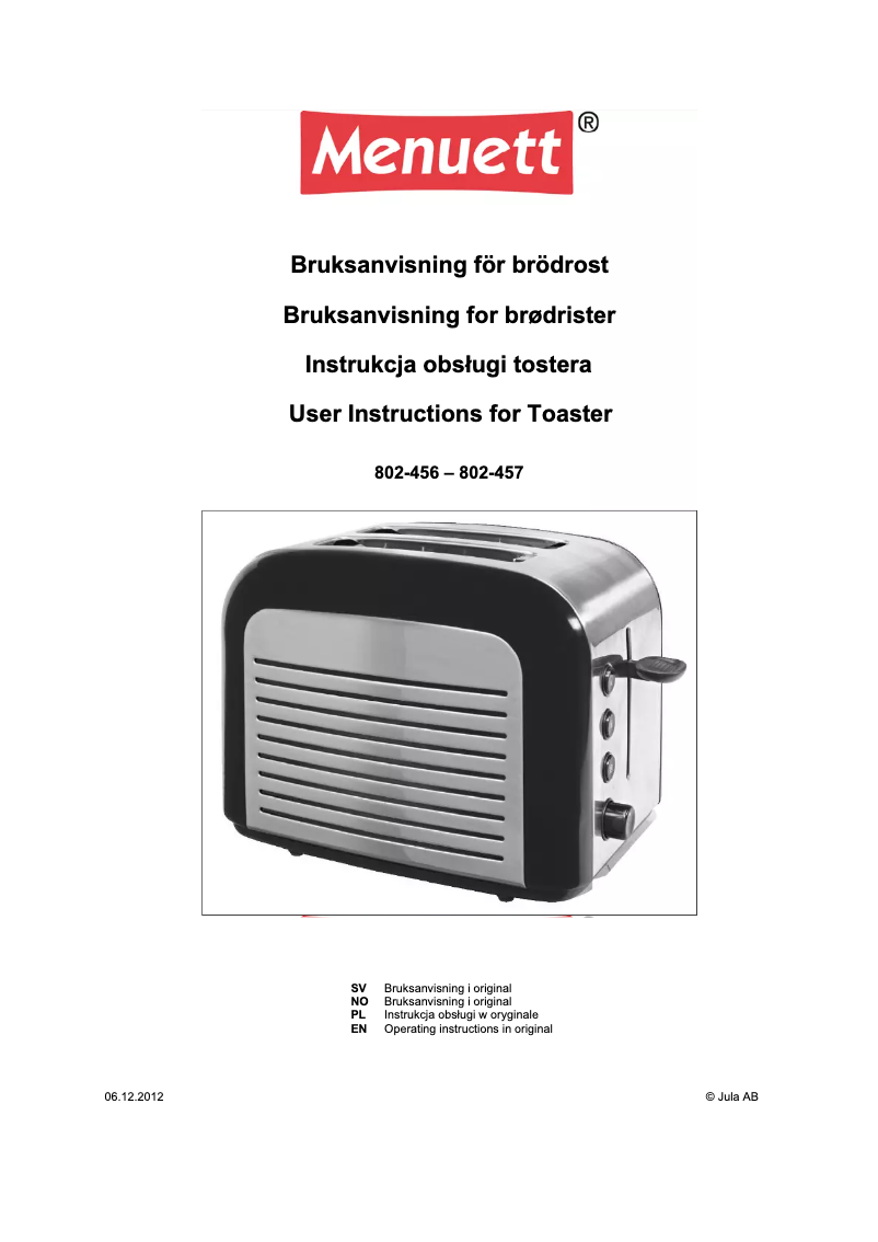 Page 1 de la notice Manuel utilisateur Menuett 802-456