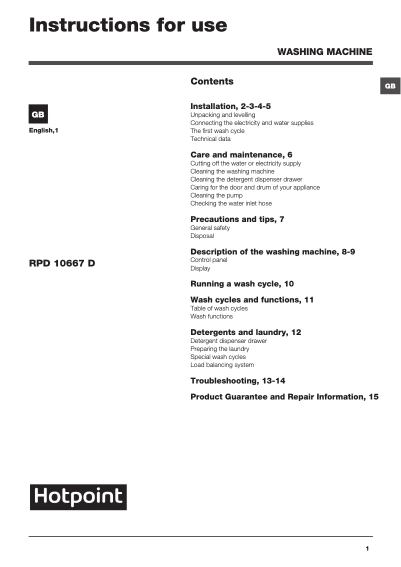 Page n°1 - Manuel utilisateur Hotpoint RPD 10667 DD UK
