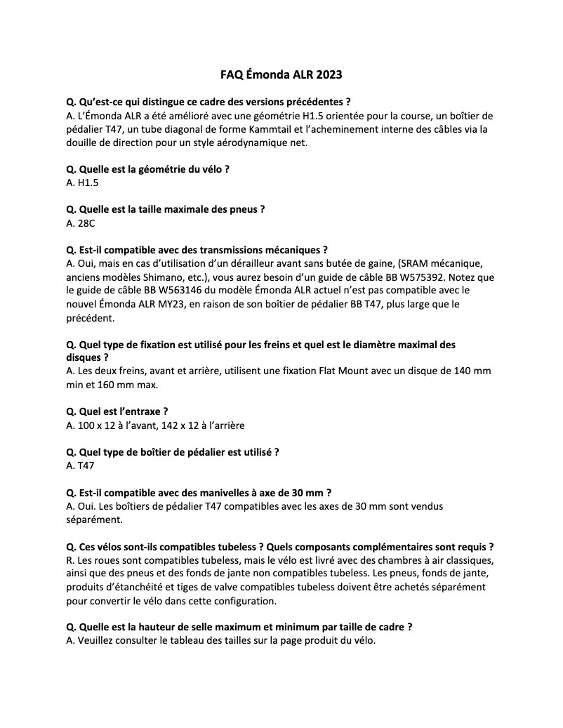 Page 1 de la notice FAQ Trek Émonda ALR 5