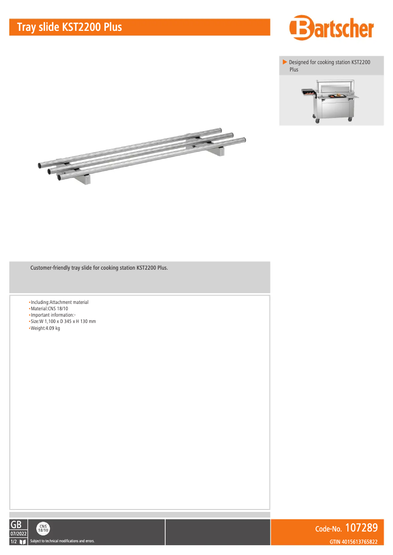 Page 1 de la notice Fiche technique Bartscher KST2200 Plus