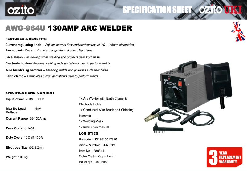 Page 1 de la notice Fiche technique Ozito AWG-964U